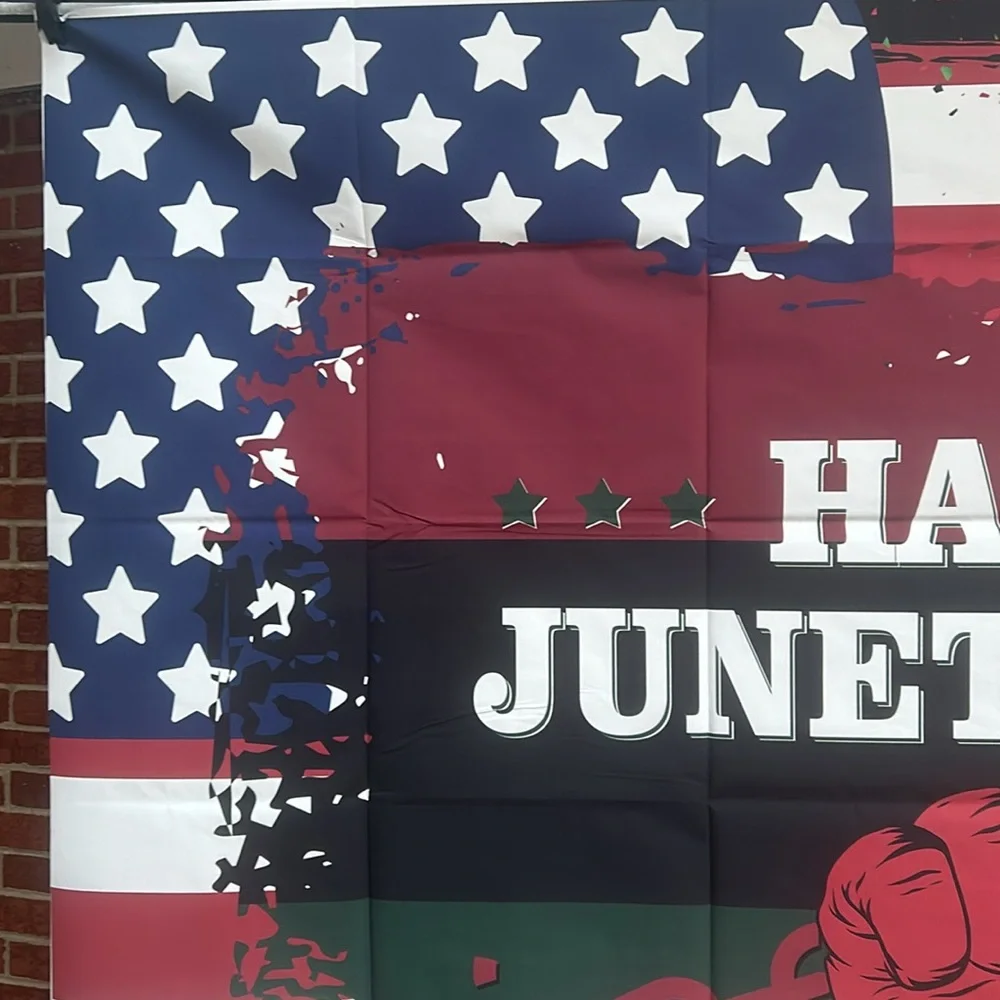Happy Juneteenth / fist background,5 x 6,red,white,blue, green, black New